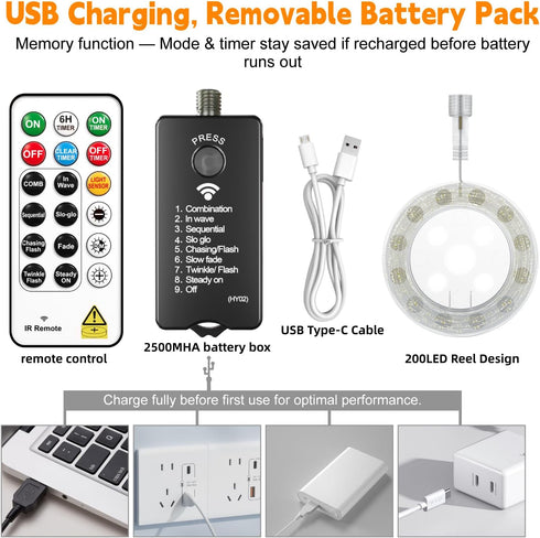 66ft 200 HXWEIYE Rechargeable Fairy Lights with Remote, LED Twinkle Lights with DIY Timer & Light Sensor, Waterproof