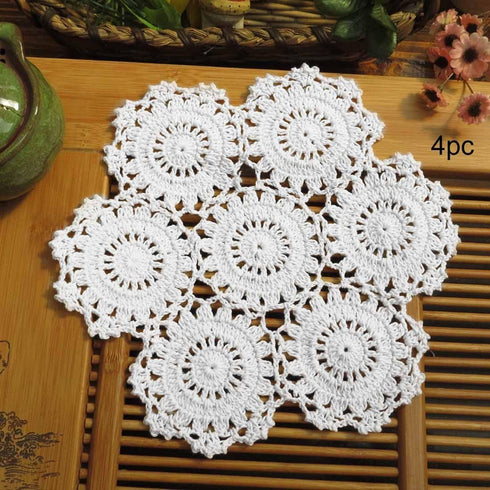 kilofly Crochet Cotton Lace Table Placemats Doilies, 4pc, White, Blossoms, 10 inch
