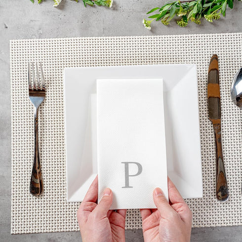15.8 7.9 Inch 50 Luxenap X Linen-Feel Guest Towels, Lettered Hand Towels - Silver Letter 'P', Sans Serif Font, White