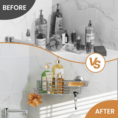 LEVERLOC Suction Cup Shower Organizer - Removable Shelf with Hooks & Soap Holder