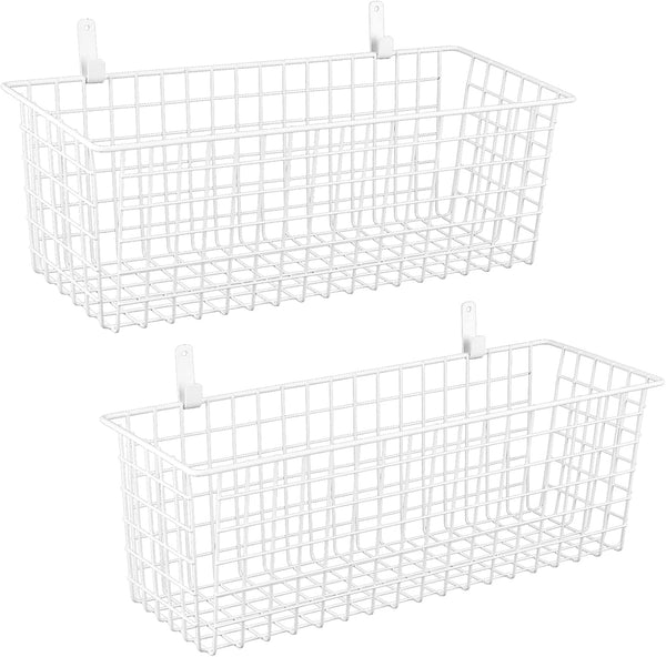2 Sets Extra Large White Metal Hanging Wall Baskets with Steel Hooks for Organizing Storage