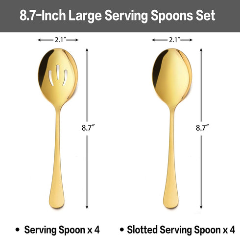 LIANYU 8 Pack Gold Serving Spoons, Gold Slotted Serving Spoons, 8 3/4 Inch Stainless Steel Serving Utensils Spoon Set for Banquet Catering Buffet Dinner Restaurant Party