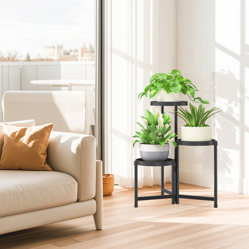 3 iDavosic.ly Tier Folding Plant Stand Indoor Outdoor with Plastic Tray, Tiered Corner Flower Holder Shelf, Metal