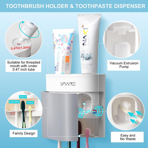 Boperzi Toothbrush Holder Wall Mounted, Toothpaste Dispenser Gray Dustproof Cover for Shower Bathroom Set