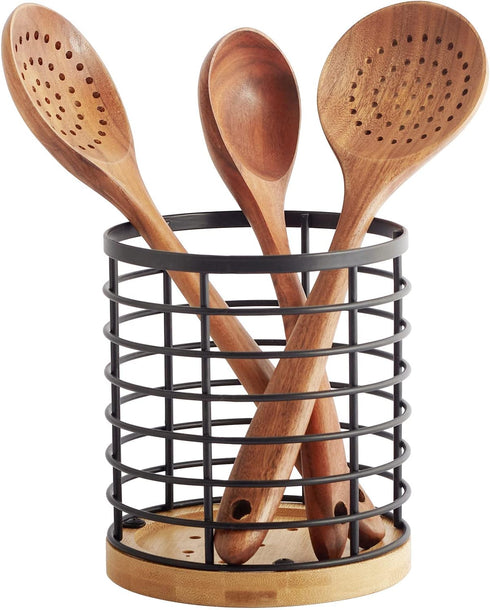 Utensil Holder for Kitchen Counter, 5.2" x 5.2" x 6" Large Round with Wooden Base, Matte Black Utensil Organizer