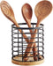 Utensil Holder for Kitchen Counter, 5.2" x 5.2" x 6" Large Round with Wooden Base, Matte Black Utensil Organizer