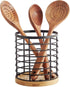 Utensil Holder for Kitchen Counter, 5.2" x 5.2" x 6" Large Round with Wooden Base, Matte Black Utensil Organizer
