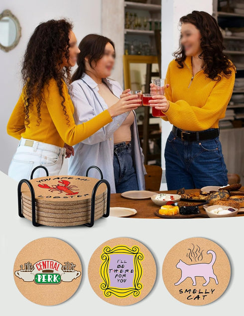 Set 6 Friends TV Show Merchandise - Funny TV Show Coasters of with Holder, Cork Coasters for Coffee Table, Friends TV