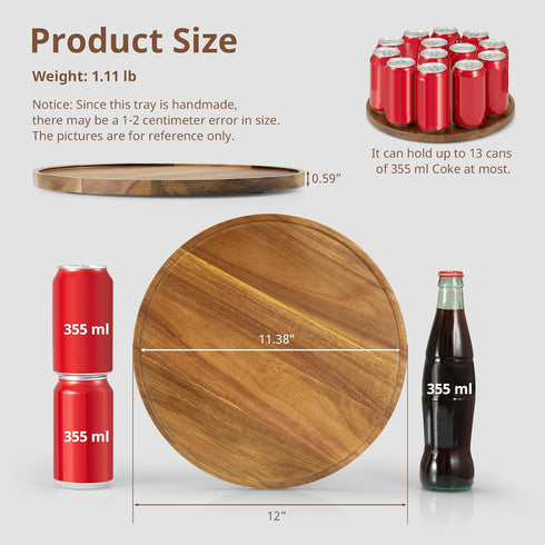 CMLKLZD 12 Inch Acacia Wood Round Tray, Wooden Decorative Serving Coffee Table Tray Centerpiece Candle Holder