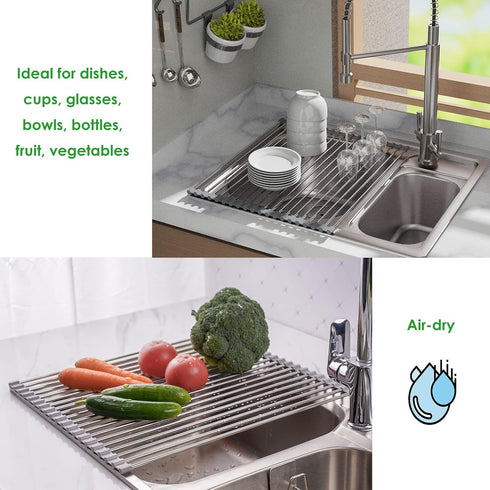 Tomorotec Roll Up Dish Drying Rack, Over The Sink Portable Stainless Steel Kitchen Drainer Organizer