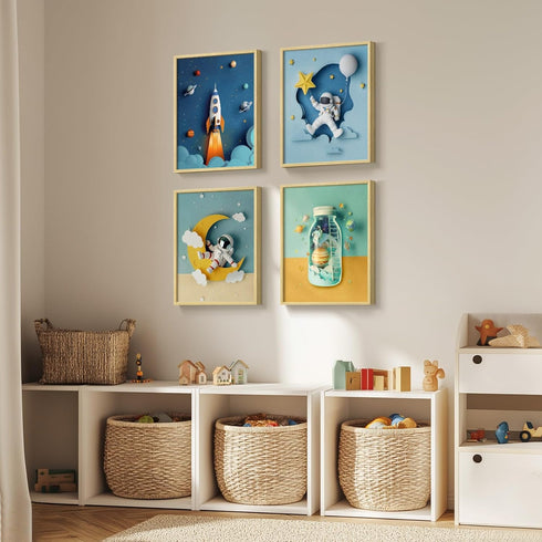 4 Framed Space Astronaut Cool Wall Art for Nursery Decor, Piece Modern Space Themed Canvas Prints Artwork for Walls
