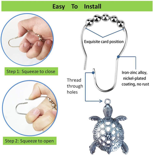 Sea Turtles Shower Curtain Hooks - Silver Metal Rust Proof Clips for Bathroom Accessories Set