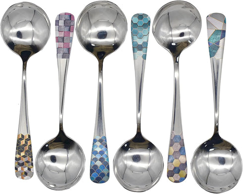 6pcs Round Head Soup Spoons, 6.22inch Fashion Printing Pattern Tablespoon, 18/10 Stainless Steel Korean Spoons