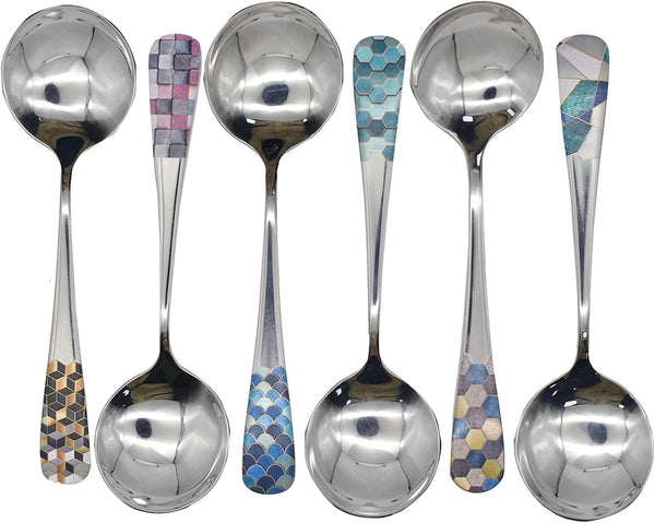 6pcs Round Head Soup Spoons, 6.22inch Fashion Printing Pattern Tablespoon, 18/10 Stainless Steel Korean Spoons