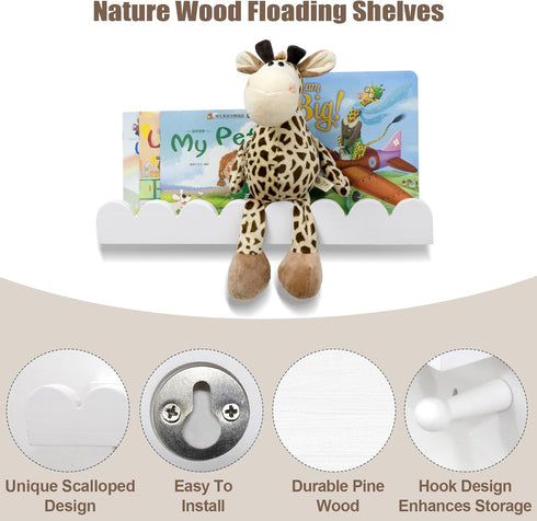 icnjdMopclean Set 3, 16 Inch Wall Book Shelves for Bedroom Kids with Hooks - Scalloped Shelves for Nursery of Nursery
