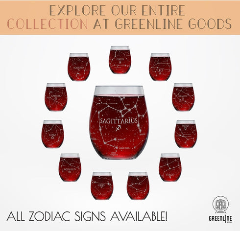 Greenline Goods Sagittarius Stemless Wine Glasses, Hand Etched 15 oz Set of 2, Zodiac Astrology Sign Glassware