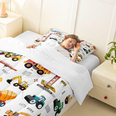 Set Set, Bulldozer Set 2Pcs Excavator Comforter Twin Size, Tractor Machinery Trucks Bedding Construction Vehicle Down