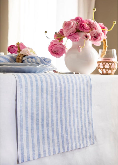 36 Inches 100% 14 36 Inch Summer, Solino Home Linen Table Runner - Amalfi Stripe Pure Linen Sky Blue and White Table