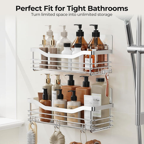 5 2 Pack Orimade Shower Caddy Basket Shelf with Hooks Adhesive Organizer Storage Rack Rust Resistant Wall Mounted