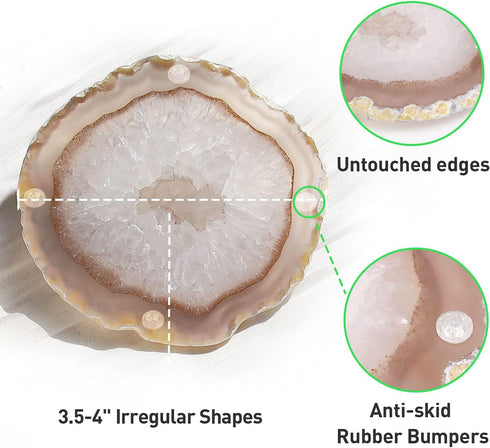 Natural Agate Coaster Set of 4, 3.5-4" Crystalline Geode Stone Coasters for Drinks, Coffee Table Decor, Agate Slices