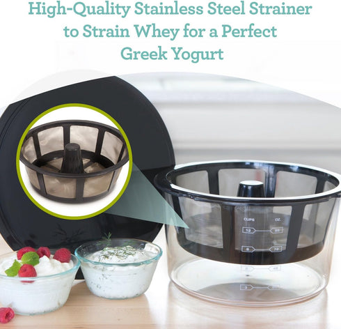 GY60 Euro Cuisine Greek Yogurt Maker with Ultra Fine Mesh Stainless Steel Strainer Basket, BPA Free, Patented Greek