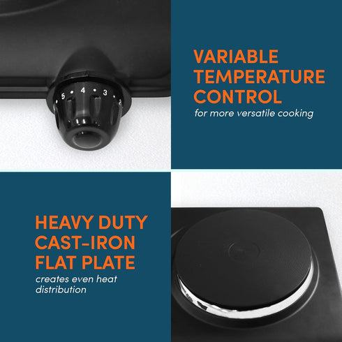 Elite Gourmet EDB-302BF Black Countertop Double Cast Iron Burner, 1500 Watts, Easy to Clean