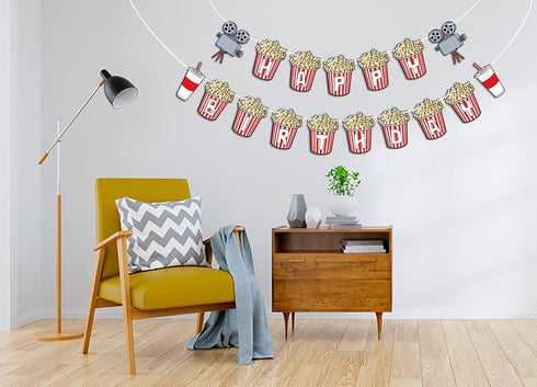 Movie Night Theme Happy Birthday Banner, Popcorn Inspired Birthday Party Sign, Movie Bday Pennant Decor