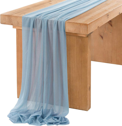 Ling's Moment 14Ft Dusty Blue Sheer Chiffon Table Runner with Silver Sparkle for Rustic Boho Wedding Party Decorations