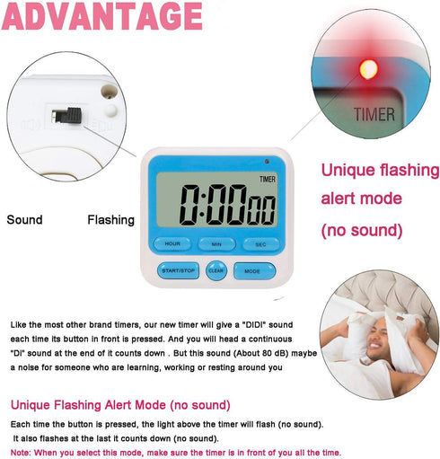 24-Hours Digital Kitchen Timer, Upgraded 12-Hour Display Clock, Big Digits, Loud Alarm, Count-Up & Count Down, 4 Pack