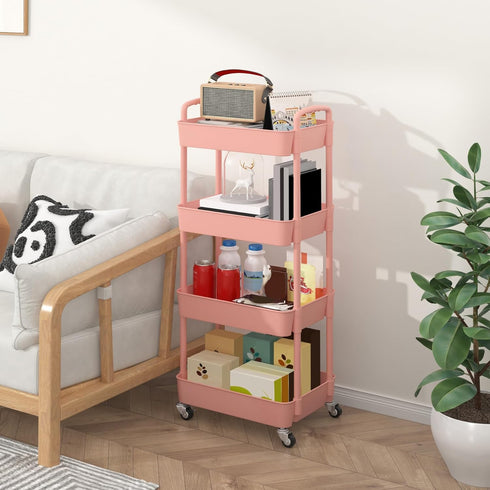 4-Tier Sywhitta Plastic Rolling Utility Cart with Handle, Multi-Functional Storage Trolley for Office, Living Room