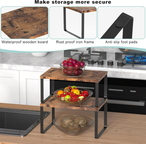 Set of 4 Stackable Counter Shelves, Wood Organizer for Kitchen and Bathroom, Expandable Countertop Racks, Brown