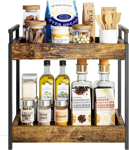 Countertop 2 Counter KLM Coffee Station Organizer, Tier Wooden Shelf for Coffee Bar Accessories, Condiment Storage