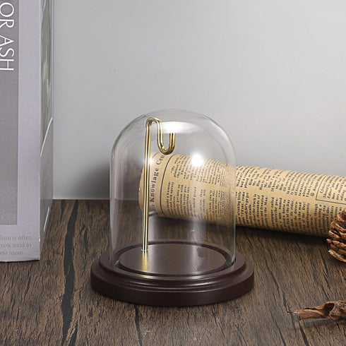 JUXYES Clear Watch Glass Display Dome Cloche With Hook, Dome Cloche with Hook with Wooden Base, Transparent Dome Cloche