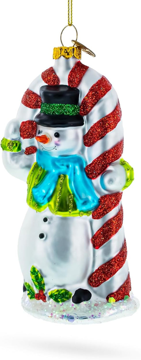 Snowman with The Mint Candy Cane Glass Christmas Ornament