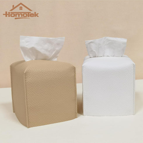 HOMOTEK 2 Pack Tissue Box Cover, Square PU Leather Tissue Holder, Decorative Facial Tissue Cube Paper Organizer for