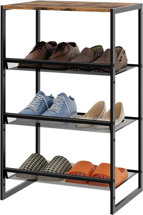 4 Closet 4 Closet Garden you Shoe Rack for Narrow Tiers, Small Shoe Rack with Brown Wooden Tabletop, Adjustable Metal