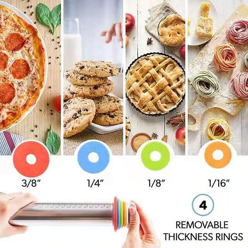 Adjustable 17" Rolling Pin with Thickness Rings, Stainless Steel Dough Roller for Pizza, Tortilla, Pie, Pasta, Cookies