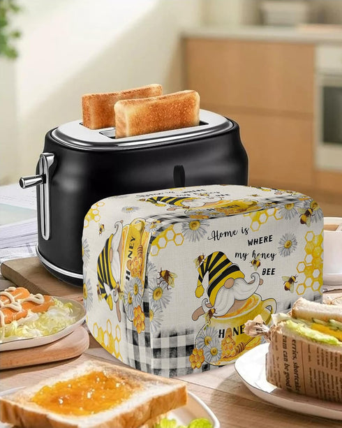 Honey Gnomes Toaster Cover, 4 Slice, Spring Floral Yellow Summer Bee Black Plaid, Dust Cover