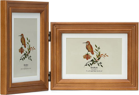 5x7 2 4x6 5x7 Double Hinged Picture Frame, Folding Photo Frame, Walnut-colored Pine Wood with Real Glass, Display