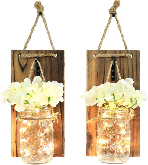 Greenco GRC2859 Rustic Wall Hung Mason Jar Sconce with Faux Flower and LED Strip Lights