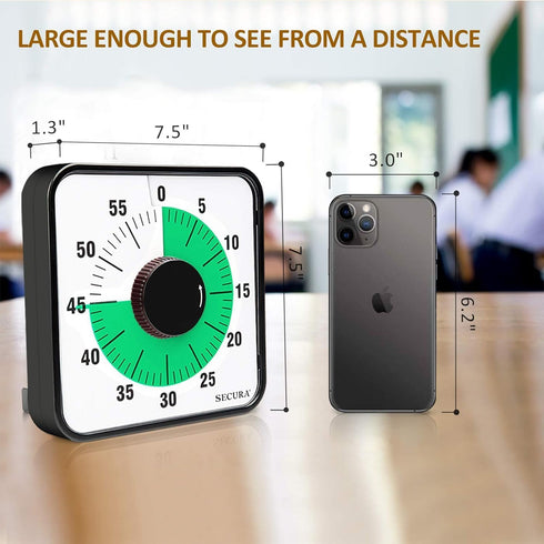 Secura 60-Minute Visual Countdown Timer, 7.5-Inch Oversize Mechanical Timer for Kids and Adults, Green