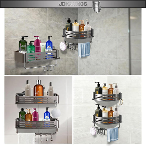 JDHAVMOS (2-Pack Suction Cup Shower Caddy - No Drilling Removable, Corner Shower Shelves - Aluminum Rustproof, Corner