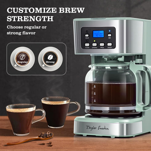 Taylor Swoden 12-Cup Programmable Coffee Maker - Regular & Strong Brew Drip Coffee Machine for Home and Office, Glass