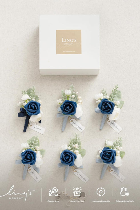 Ling's Moment 6pcs Boutonniere for Men, Artificial Flowers for Wedding Decor/Prom/Homecoming, Navy Blue