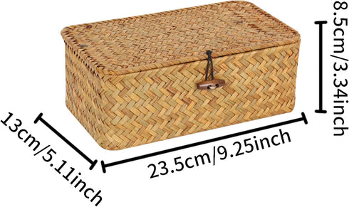 FEIALNDUO Wicker Shelf Baskets with Lid, X-Small Rectangular Handwoven Seagrass Storage Basket Bins for Home Organizer