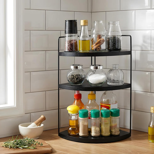 ReeyderArt Counter Countertop 3-Tier Corner Bathroom Organizer Black, Corner Shelf Wood Vanity Tray Easy Assembly Space