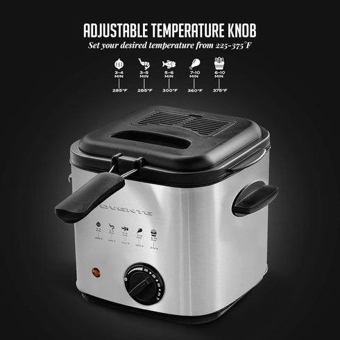 OVENTE Electric Deep Fryer 1.5 Liter Capacity with Lid, Removable Frying Basket, Adjustable Temperature, Silver