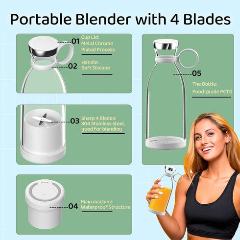 Mini Blender for Smoothies and Milkshakes, Portable Rechargeable Personal Size Blender, 11 oz with 4 Blades (White)