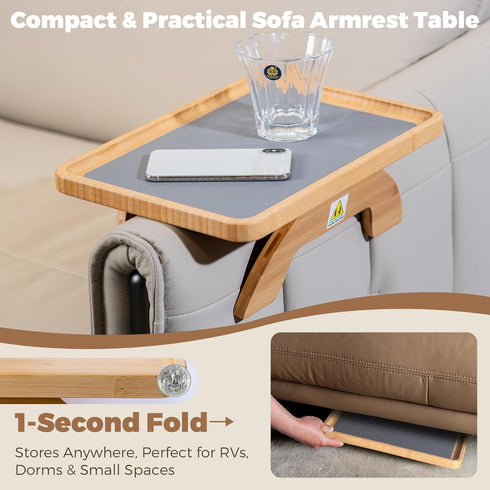 3.5"-13.5" Couch Armrest Table, Foldable Bamboo Sofa Arm Tray for Couch with a Non-Slip Pad, Clip On Couch Arm Table