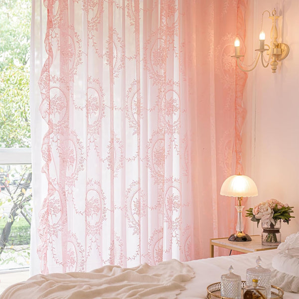 Deeprove Pink Lace Curtains 84 Inches Long 2 Panels Set, Boho Sheer